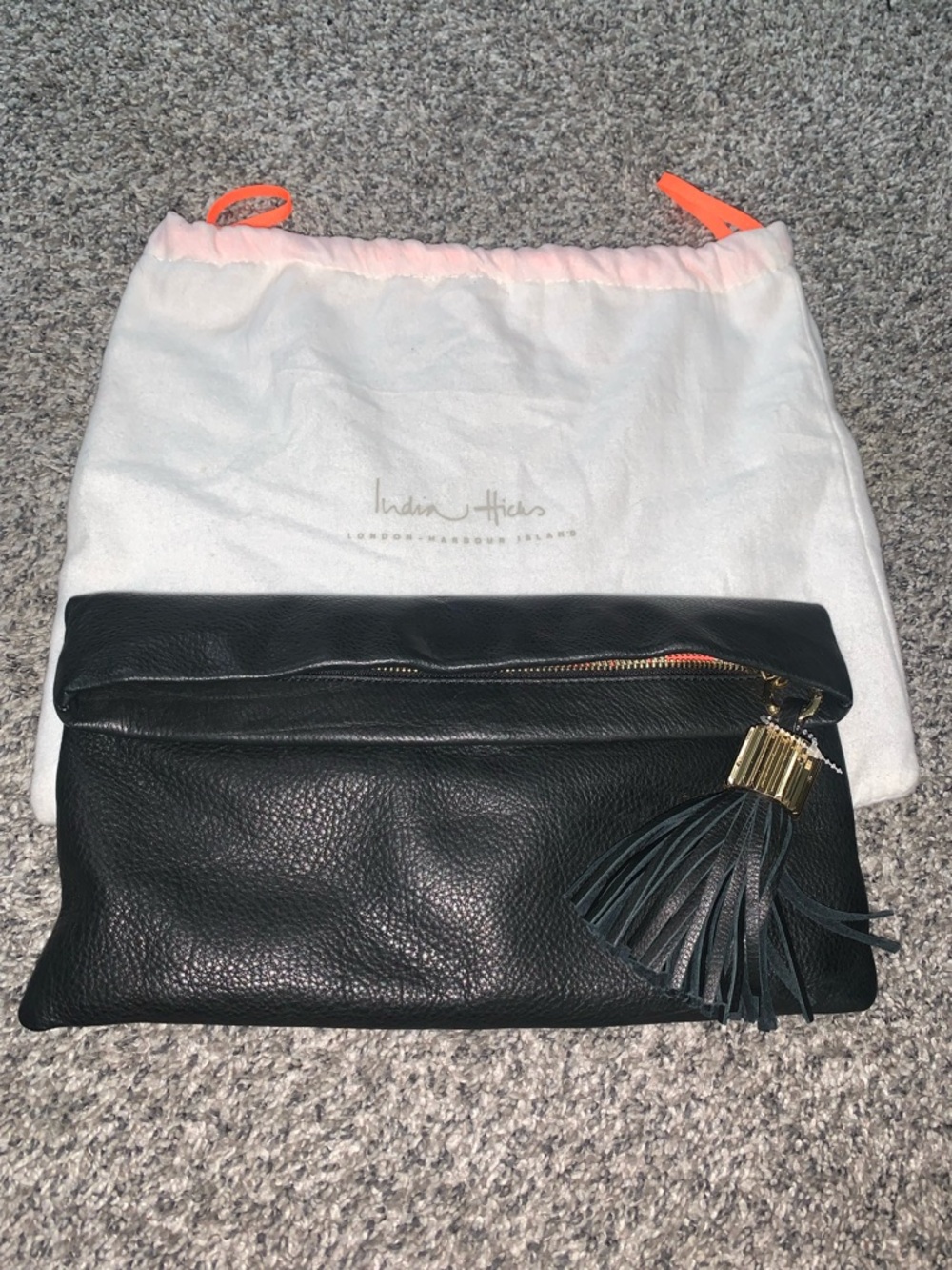 India Hicks Black Leather Fold-Over Clutch with Tassel Accent